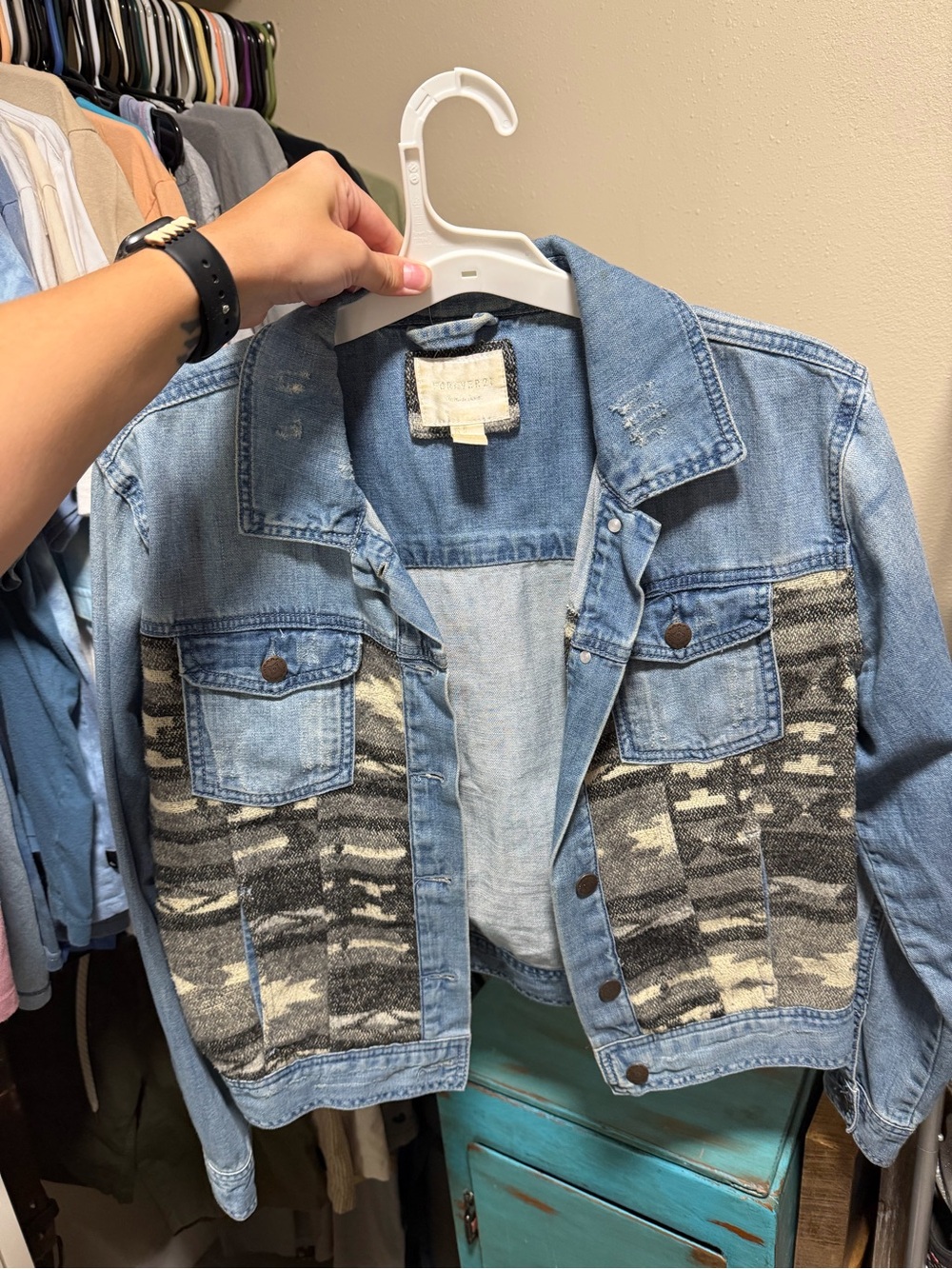 Forever 21 Denim Jacket with Grey Aztec Patterned Panels - Women